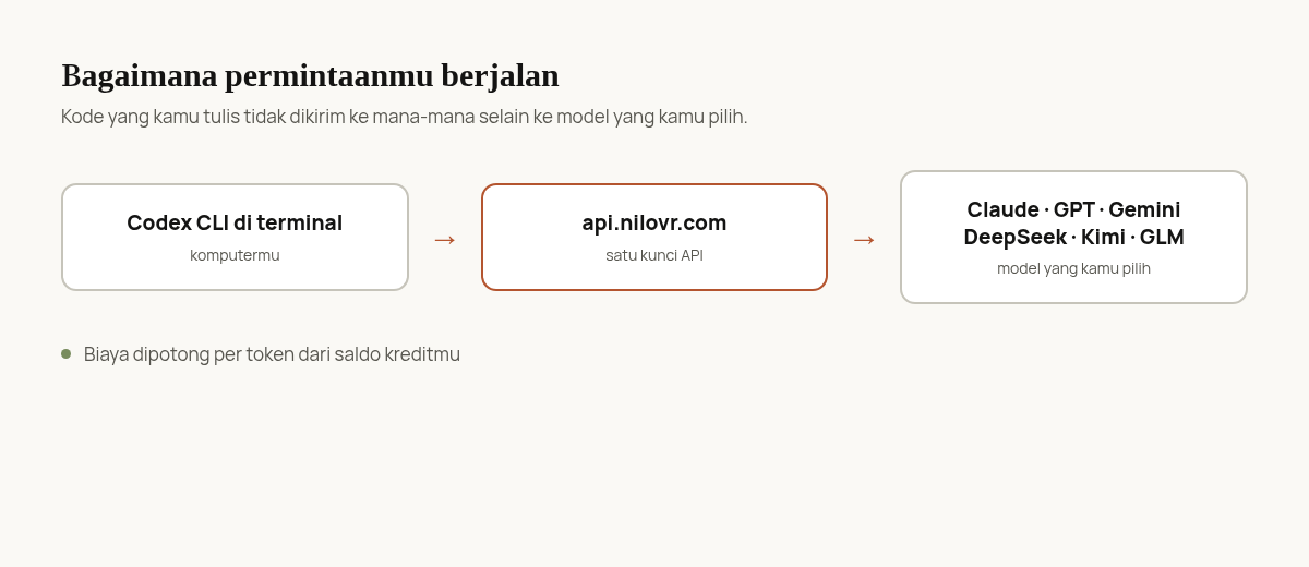 Bagaimana permintaanmu berjalan: dari terminal, lewat api.nilovr.com, ke model yang kamu pilih